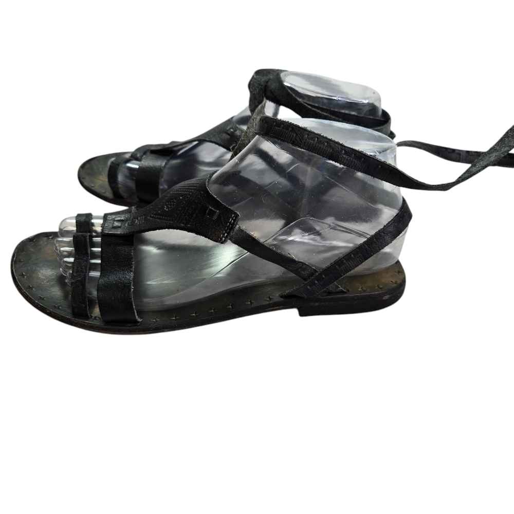 Free People black leather boho hippie gladiator ankle wrap sandals - Picture 4 of 14
